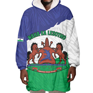 Personalised Afro Lesotho Wearable Blanket Hoodie Coat Of Arms With Map - Grunge Style