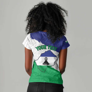 Personalised Afro Lesotho Women V-Neck T-Shirt Coat Of Arms With Map - Grunge Style