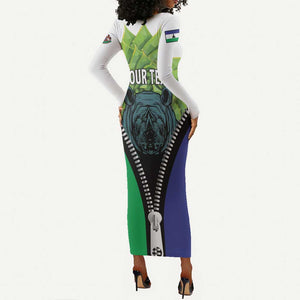 Personalised Afro Lesotho Long Sleeve Bodycon Dress Black Rhinoceros Aloe Polyphylla LT15