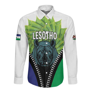 Personalised Afro Lesotho Long Sleeve Button Shirt Black Rhinoceros Aloe Polyphylla LT15