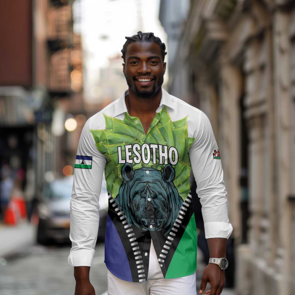 Personalised Afro Lesotho Long Sleeve Button Shirt Black Rhinoceros Aloe Polyphylla LT15