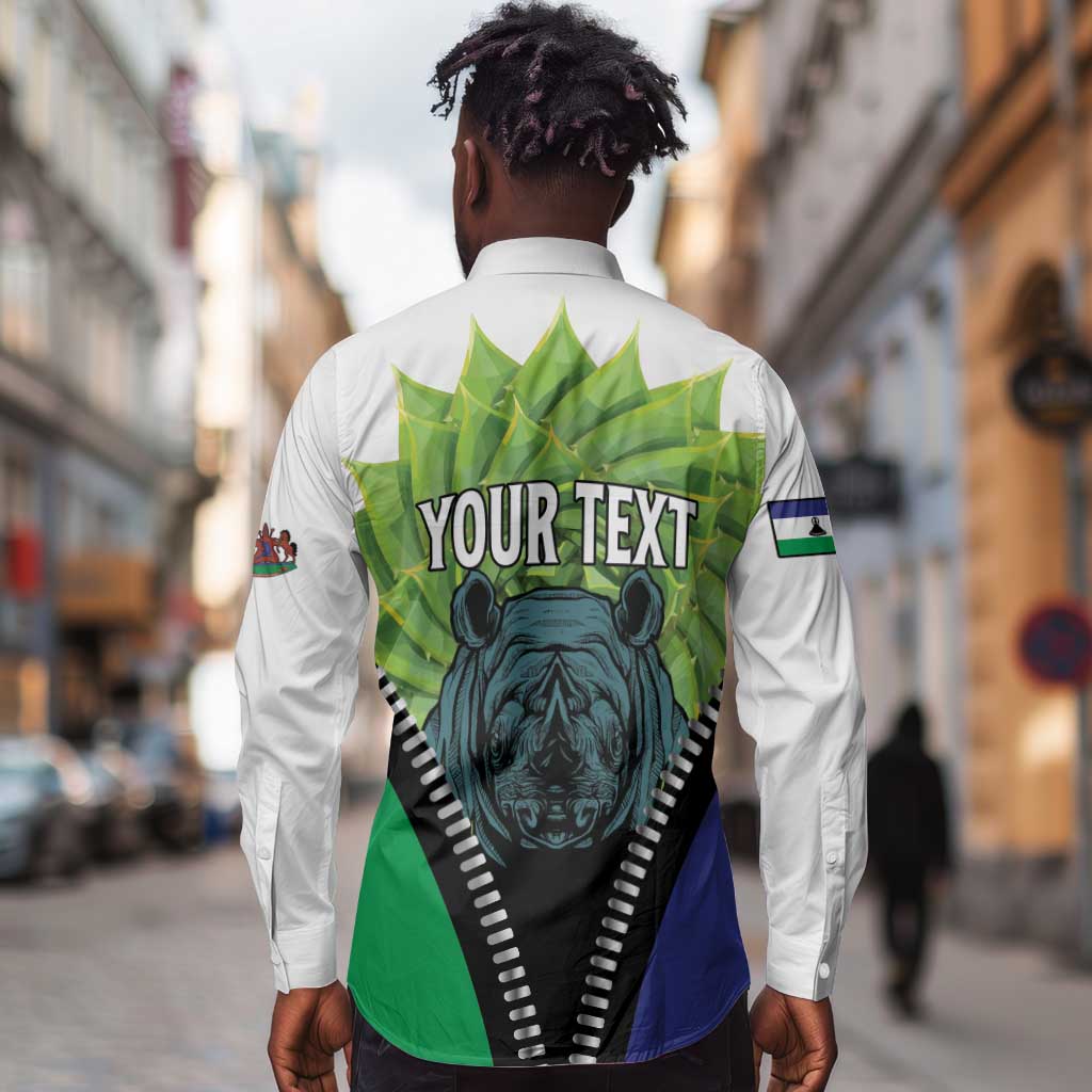 Personalised Afro Lesotho Long Sleeve Button Shirt Black Rhinoceros Aloe Polyphylla LT15