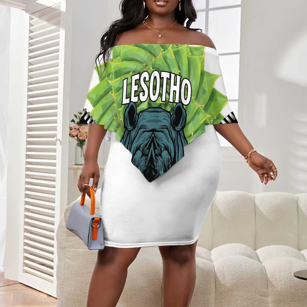 Personalised Afro Lesotho Off Shoulder Short Dress Black Rhinoceros Aloe Polyphylla LT15