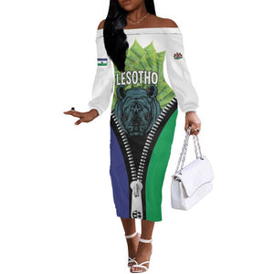 Personalised Afro Lesotho Off The Shoulder Long Sleeve Dress Black Rhinoceros Aloe Polyphylla LT15