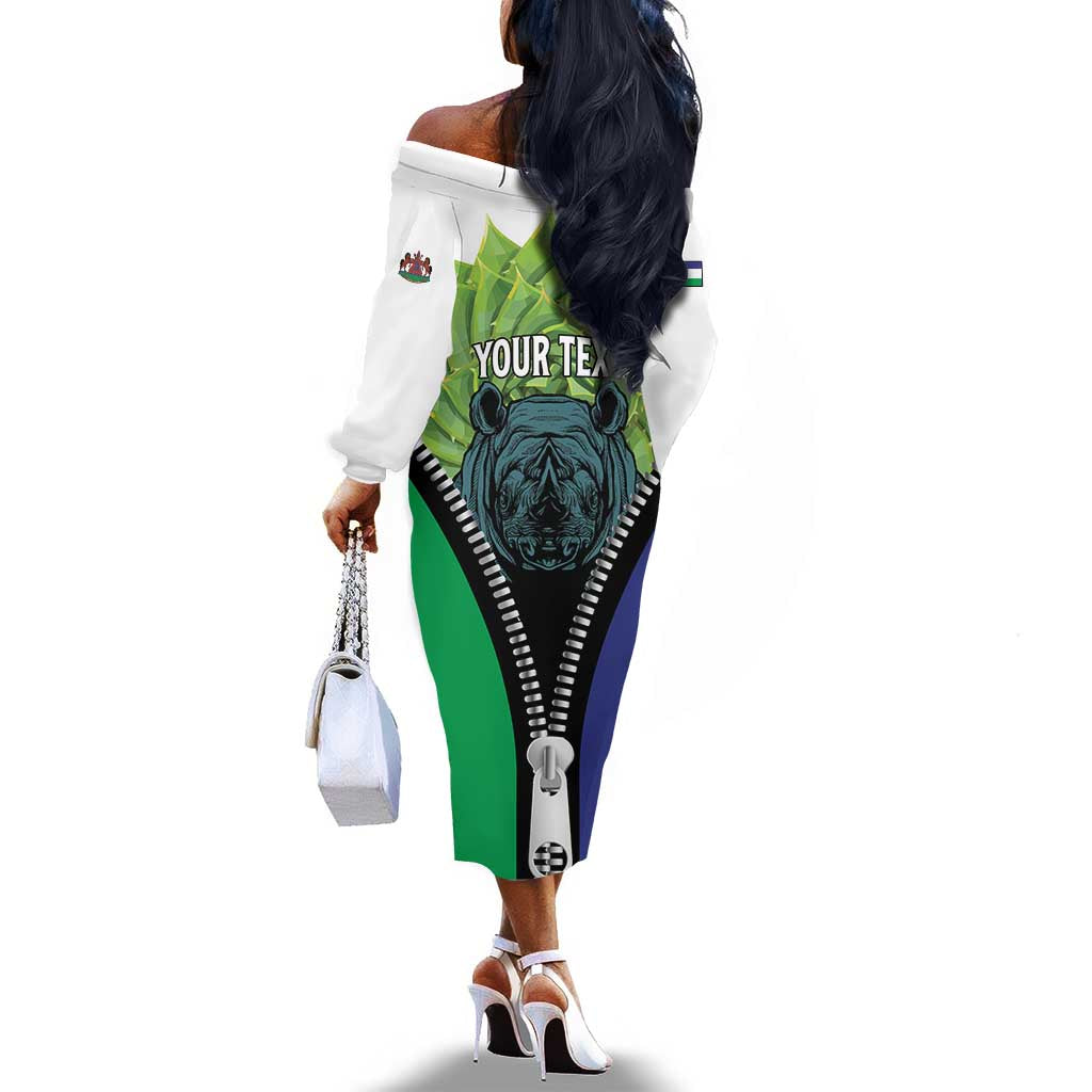 Personalised Afro Lesotho Off The Shoulder Long Sleeve Dress Black Rhinoceros Aloe Polyphylla LT15