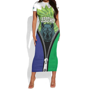 Personalised Afro Lesotho Short Sleeve Bodycon Dress Black Rhinoceros Aloe Polyphylla LT15
