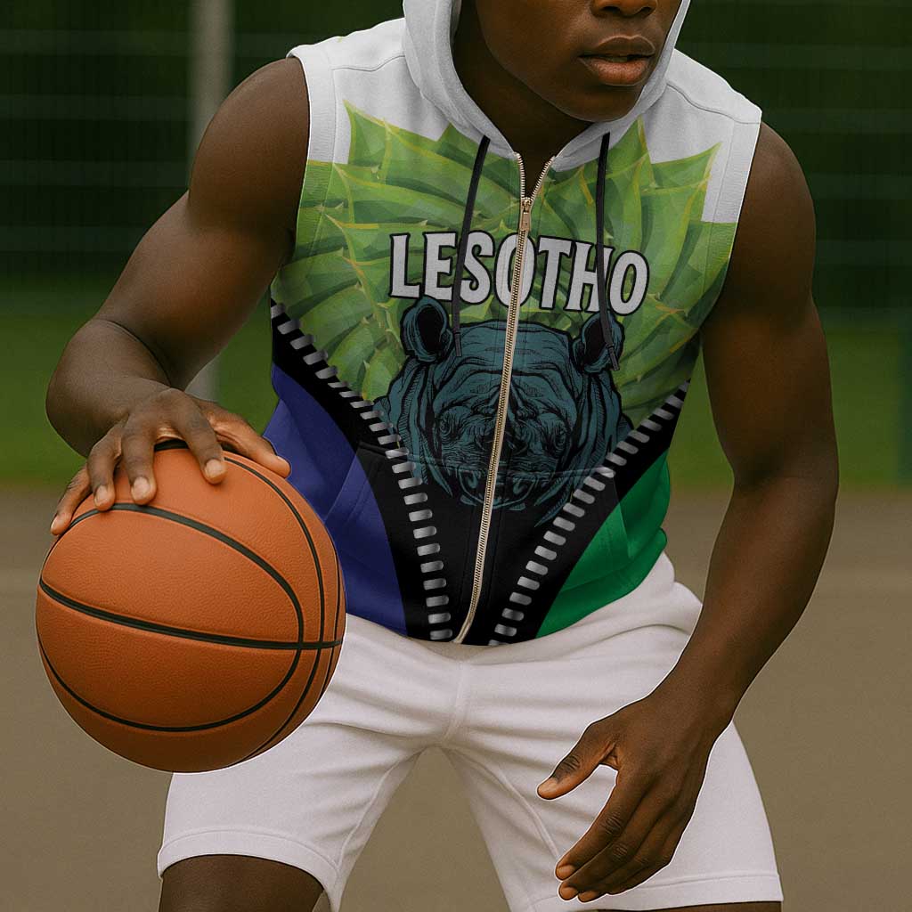 Personalised Afro Lesotho Sleeveless Zip Hoodie Black Rhinoceros Aloe Polyphylla - African Pride