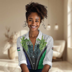 Personalised Afro Lesotho Women Casual Shirt Black Rhinoceros Aloe Polyphylla LT15