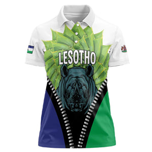 Personalised Afro Lesotho Women Polo Shirt Black Rhinoceros Aloe Polyphylla LT15