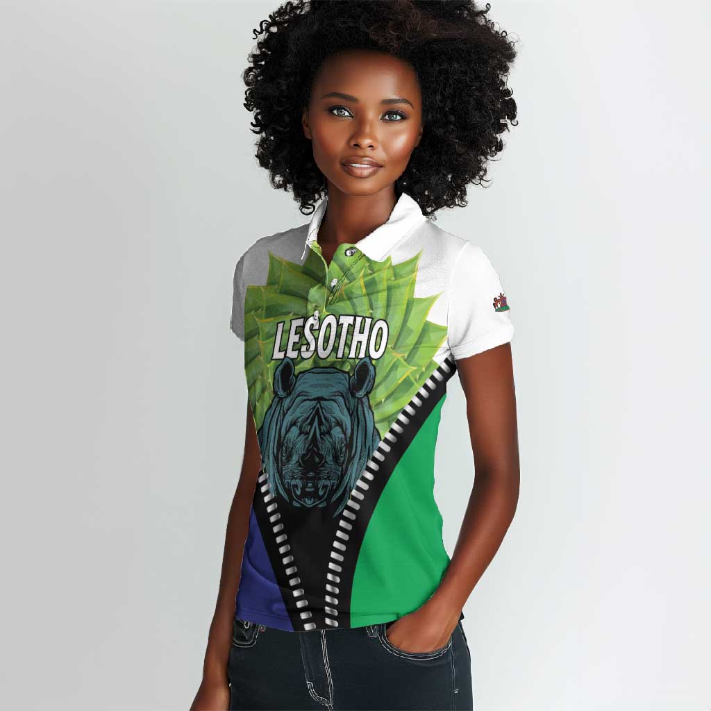 Personalised Afro Lesotho Women Polo Shirt Black Rhinoceros Aloe Polyphylla LT15
