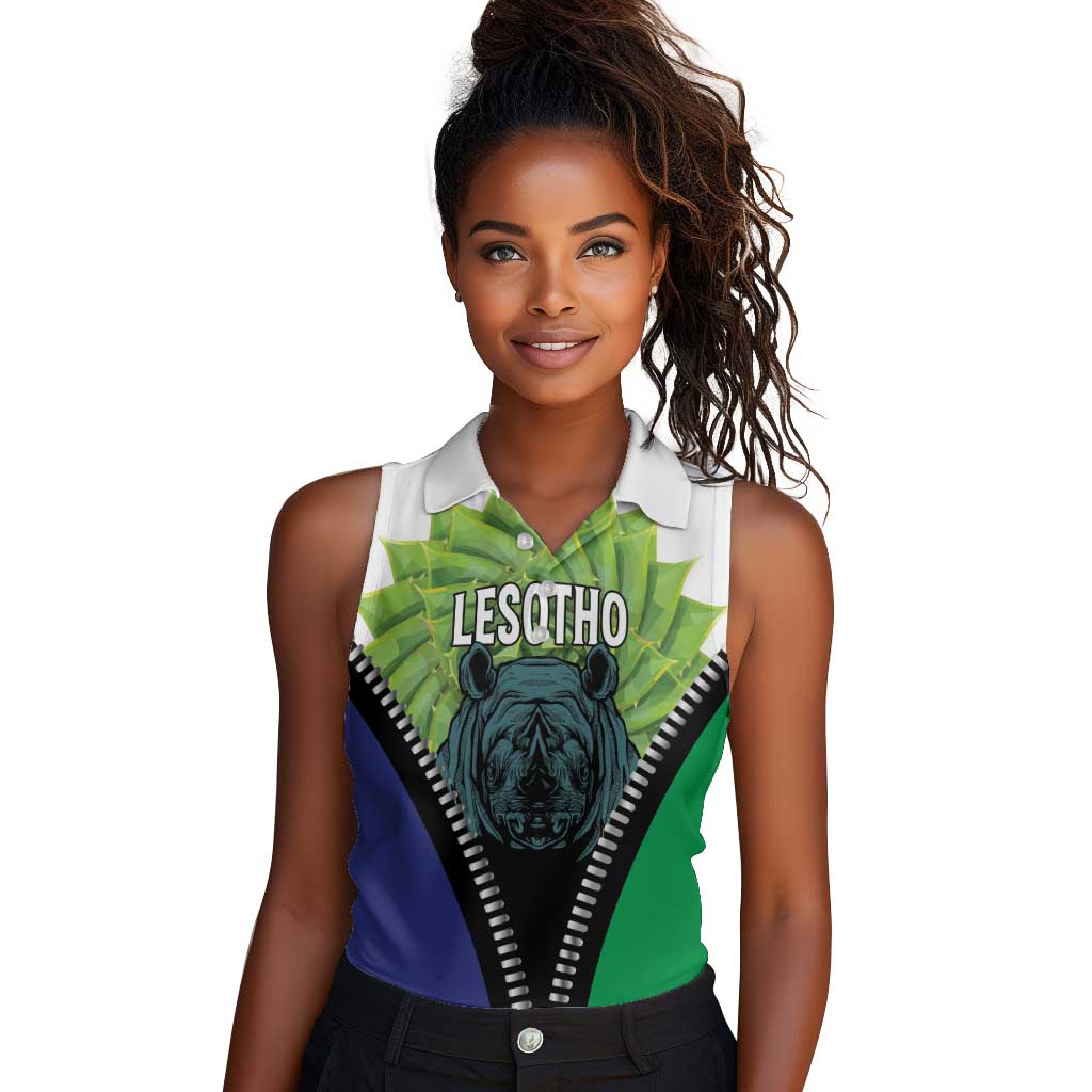 Personalised Afro Lesotho Women Sleeveless Polo Shirt Black Rhinoceros Aloe Polyphylla LT15