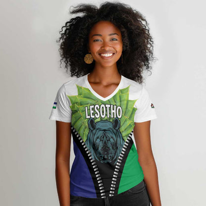 Personalised Afro Lesotho Women V-Neck T-Shirt Black Rhinoceros Aloe Polyphylla LT15