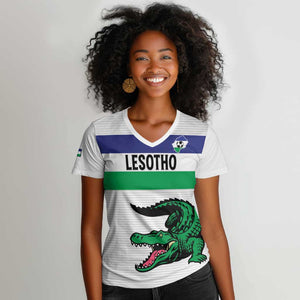 Custom Lesotho Football Women V-Neck T-Shirt Go Likuena Go