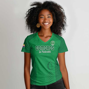 Custom Comoros Football Women V-Neck T-Shirt Go Les Coelacantes