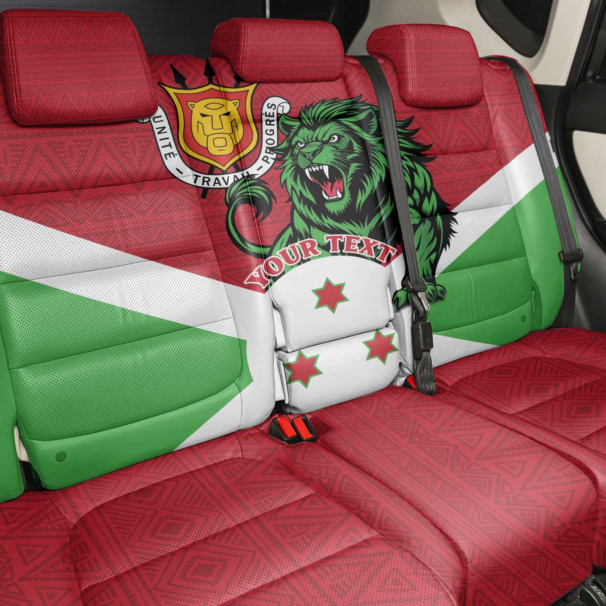 Personalized Jamhuri ya Burundi Back Car Seat Cover Lion With Coat Of Arms - Flag Style