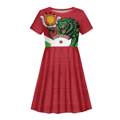 Personalized Jamhuri ya Burundi Kid Short Sleeve Dress Lion With Coat Of Arms - Flag Style