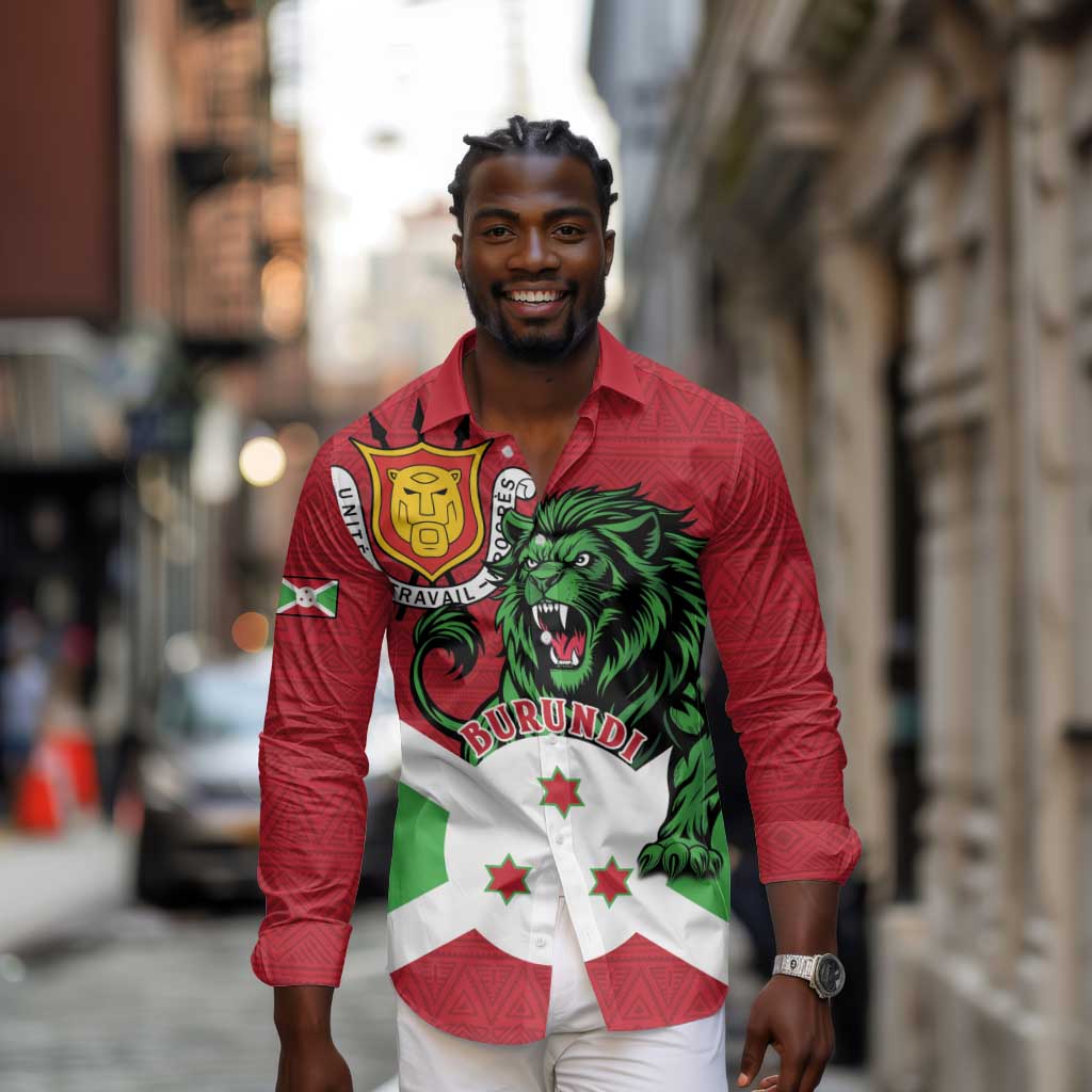 Personalized Jamhuri ya Burundi Long Sleeve Button Shirt Lion With Coat Of Arms - Flag Style