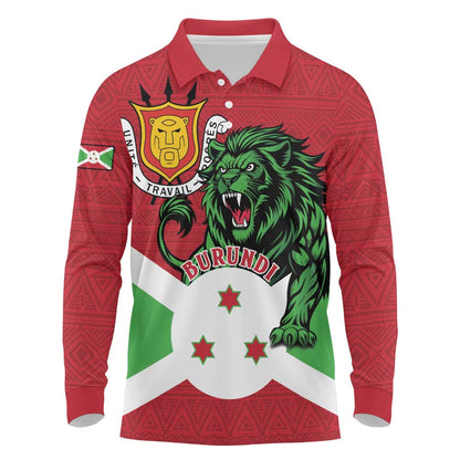 Personalized Jamhuri ya Burundi Long Sleeve Polo Shirt Lion With Coat Of Arms - Flag Style