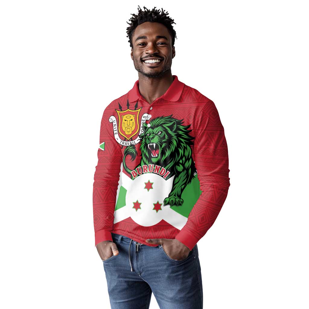 Personalized Jamhuri ya Burundi Long Sleeve Polo Shirt Lion With Coat Of Arms - Flag Style
