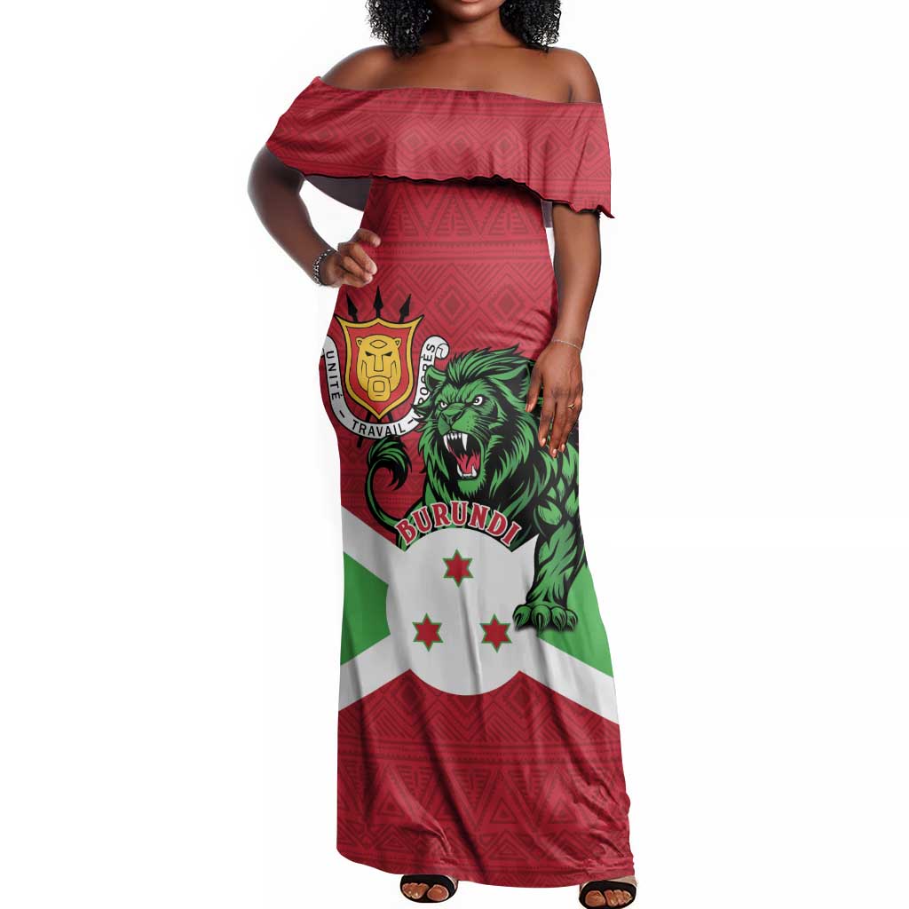 Personalized Jamhuri ya Burundi Off Shoulder Maxi Dress Lion With Coat Of Arms - Flag Style