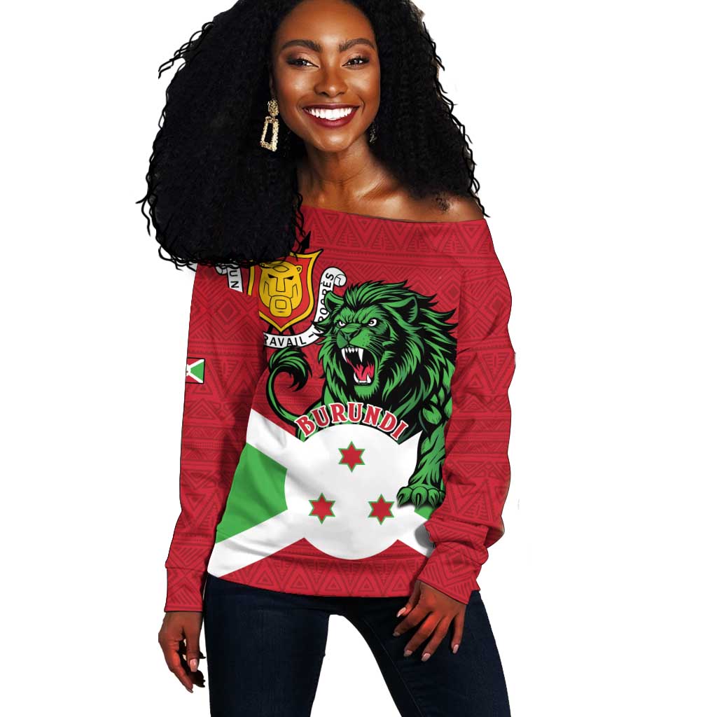 Personalized Jamhuri ya Burundi Off Shoulder Sweater Lion With Coat Of Arms - Flag Style