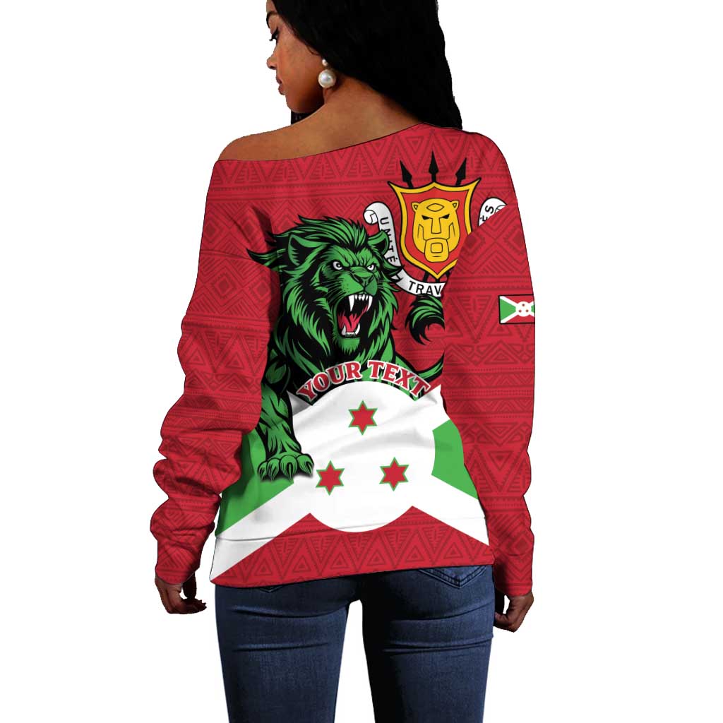 Personalized Jamhuri ya Burundi Off Shoulder Sweater Lion With Coat Of Arms - Flag Style