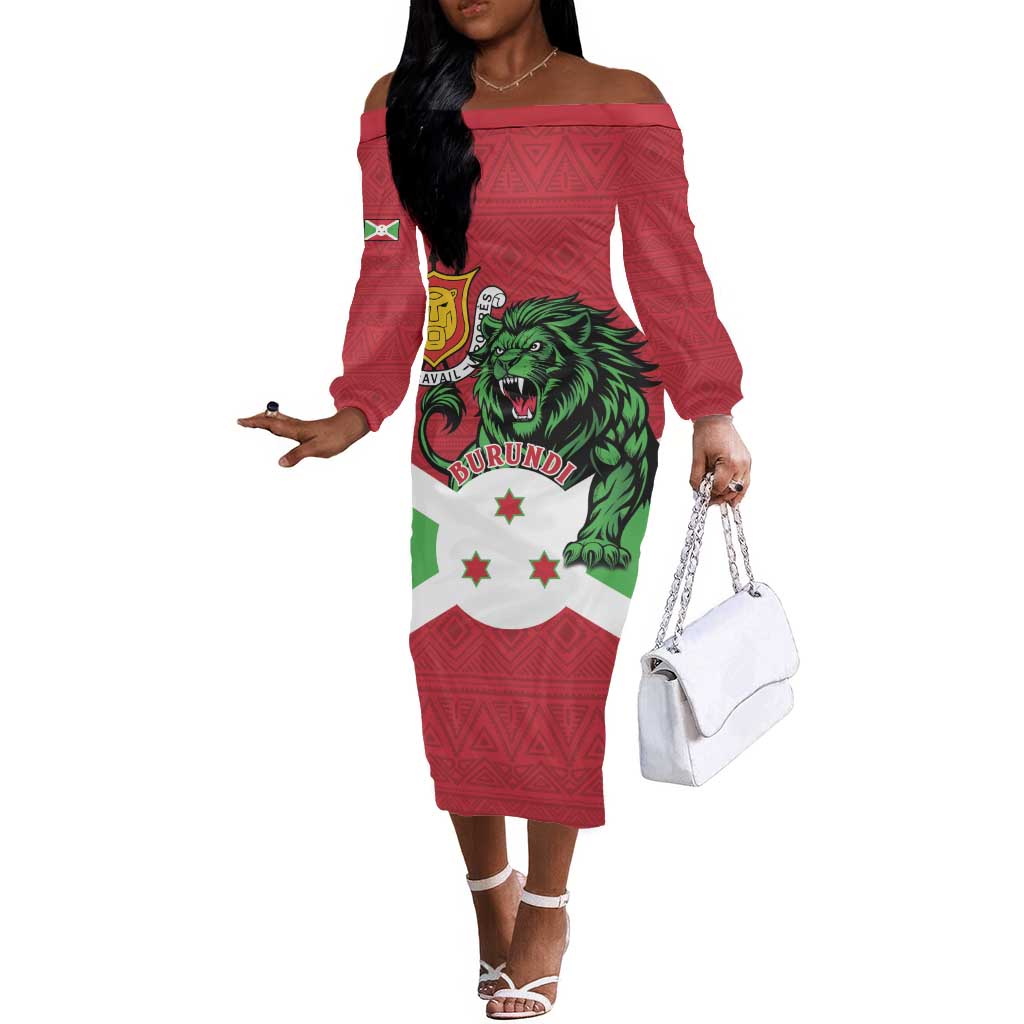Personalized Jamhuri ya Burundi Off The Shoulder Long Sleeve Dress Lion With Coat Of Arms - Flag Style