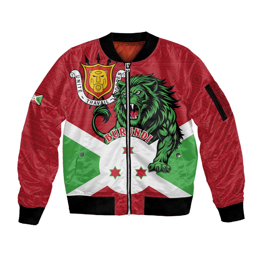 Personalized Jamhuri ya Burundi Sleeve Zip Bomber Jacket Lion With Coat Of Arms - Flag Style