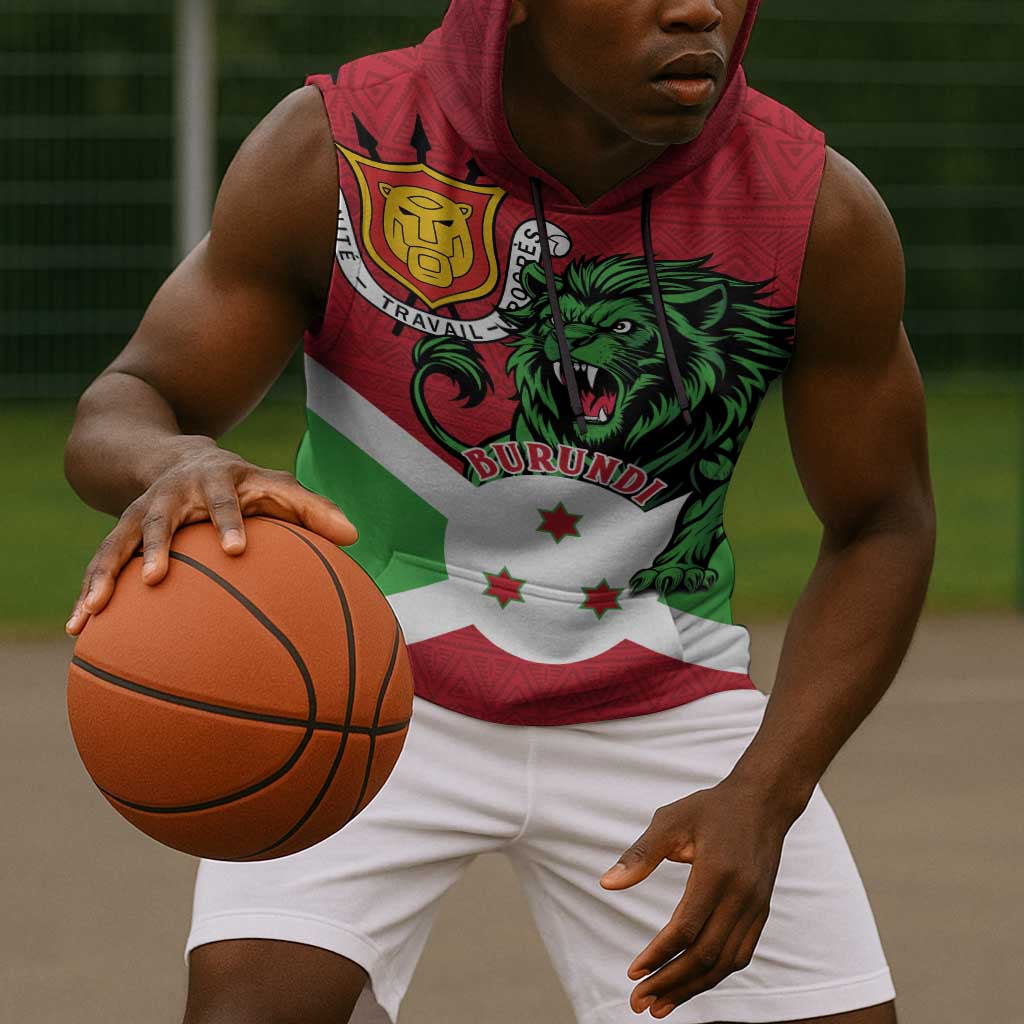 Personalized Jamhuri ya Burundi Sleeveless Hoodie Lion With Coat Of Arms - Flag Style - African Pride