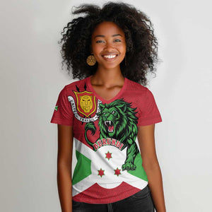 Personalized Jamhuri ya Burundi Women V-Neck T-Shirt Lion With Coat Of Arms - Flag Style