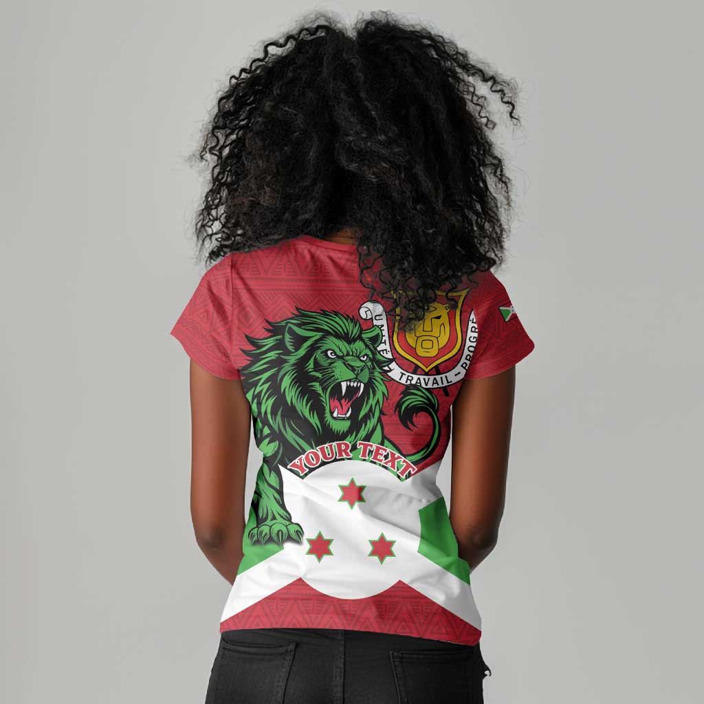 Personalized Jamhuri ya Burundi Women V-Neck T-Shirt Lion With Coat Of Arms - Flag Style