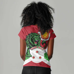Personalized Jamhuri ya Burundi Women V-Neck T-Shirt Lion With Coat Of Arms - Flag Style