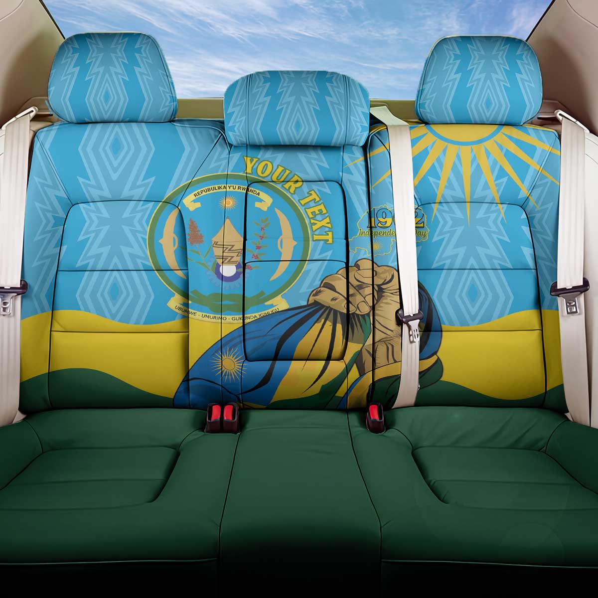 Personalized Happy Rwanda Independence Day Back Car Seat Cover Coat Of Arms With Map