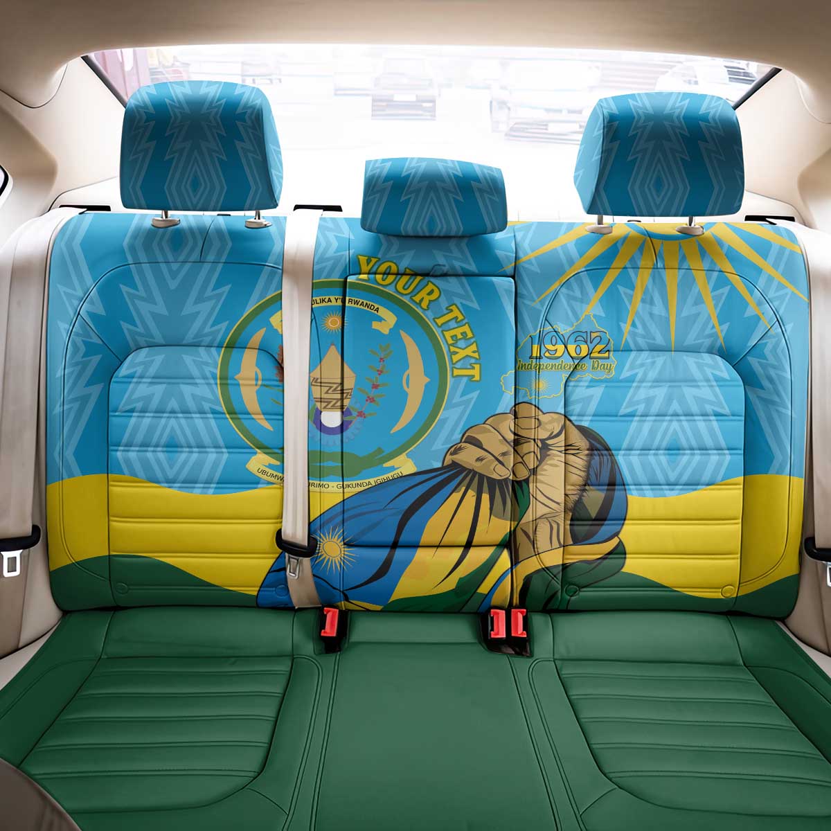 Personalized Happy Rwanda Independence Day Back Car Seat Cover Coat Of Arms With Map