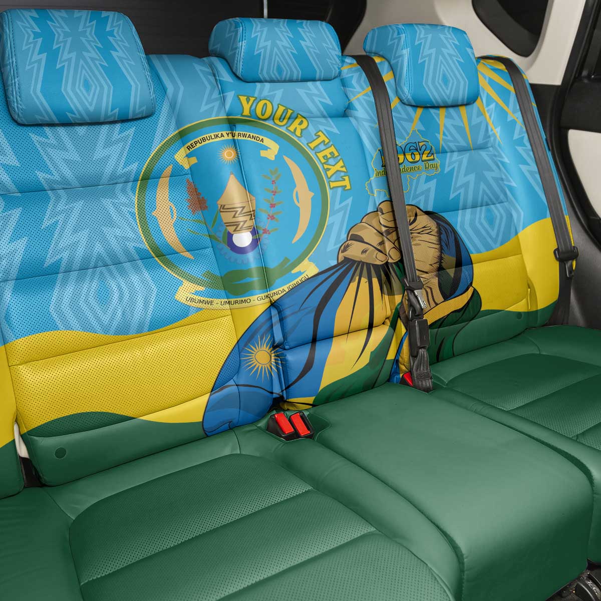 Personalized Happy Rwanda Independence Day Back Car Seat Cover Coat Of Arms With Map