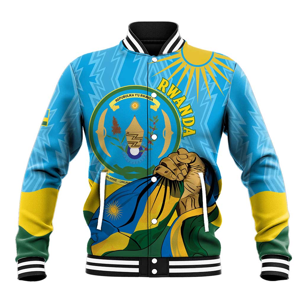 Personalized Happy Rwanda Independence Day Baseball Jacket Coat Of Arms With Map