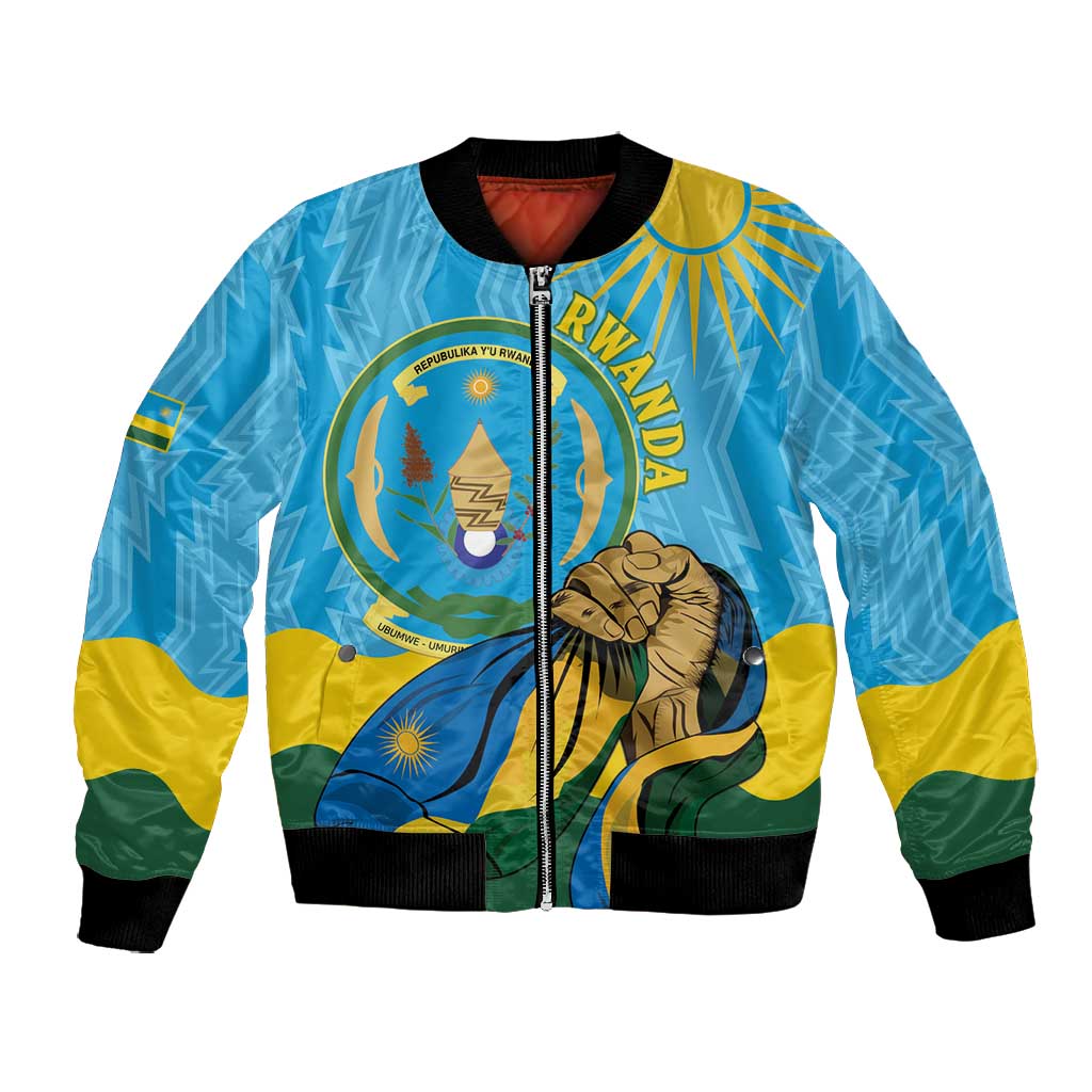Personalized Happy Rwanda Independence Day Bomber Jacket Coat Of Arms With Map