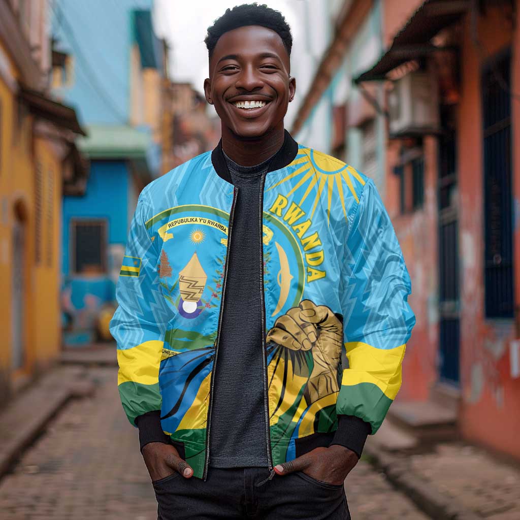 Personalized Happy Rwanda Independence Day Bomber Jacket Coat Of Arms With Map