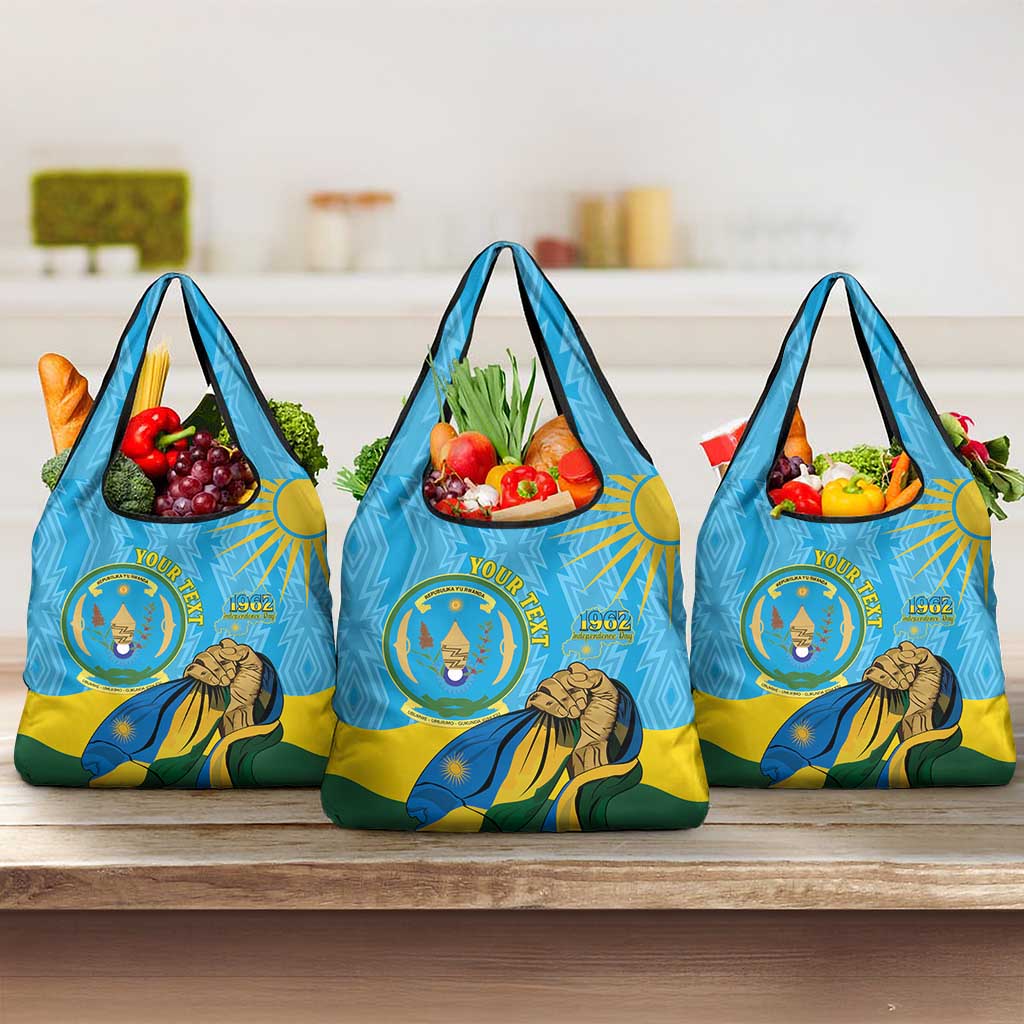 Personalized Happy Rwanda Independence Day Grocery Bag Coat Of Arms With Map