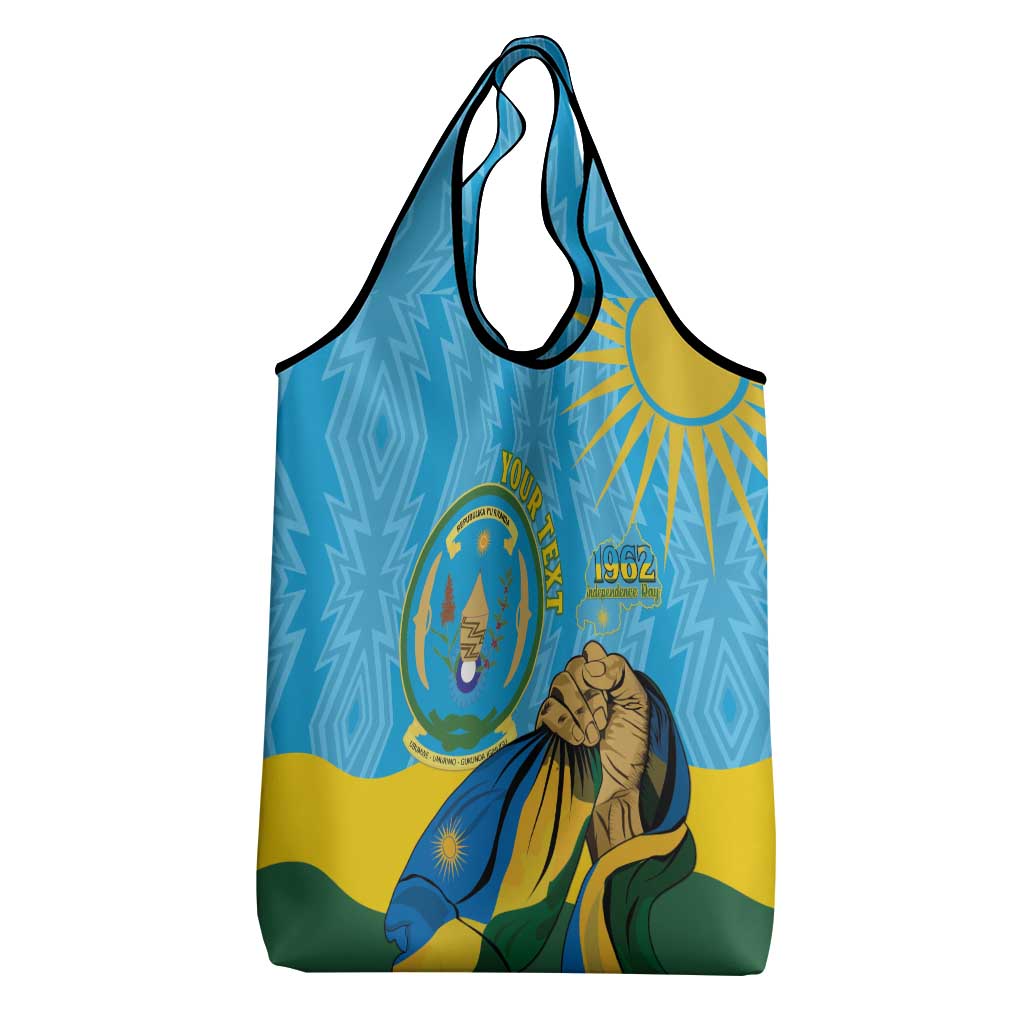 Personalized Happy Rwanda Independence Day Grocery Bag Coat Of Arms With Map