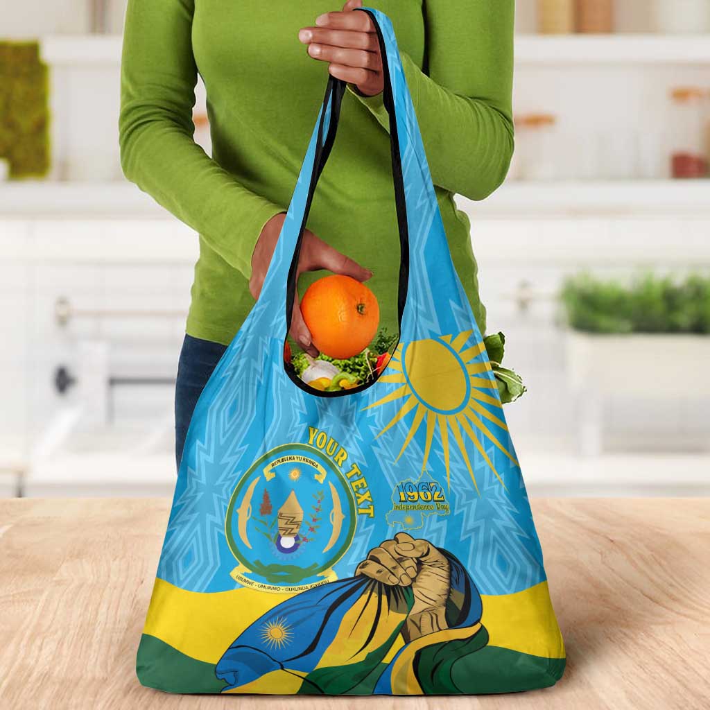 Personalized Happy Rwanda Independence Day Grocery Bag Coat Of Arms With Map