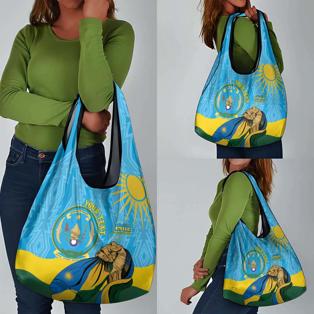 Personalized Happy Rwanda Independence Day Grocery Bag Coat Of Arms With Map