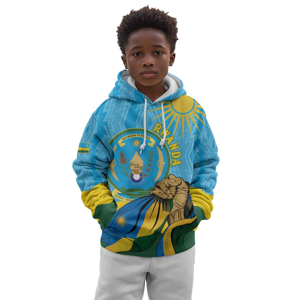 Personalized Happy Rwanda Independence Day Kid Hoodie Coat Of Arms With Map