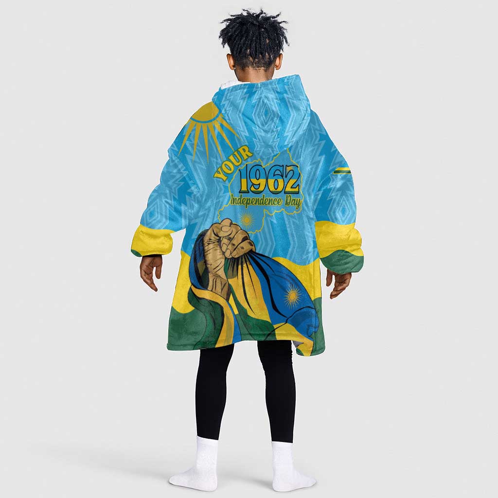 Personalized Happy Rwanda Independence Day Kid Wearable Blanket Hoodie Coat Of Arms With Map