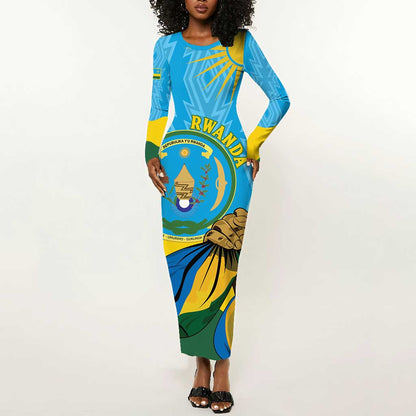 Personalized Happy Rwanda Independence Day Long Sleeve Bodycon Dress Coat Of Arms With Map LT15