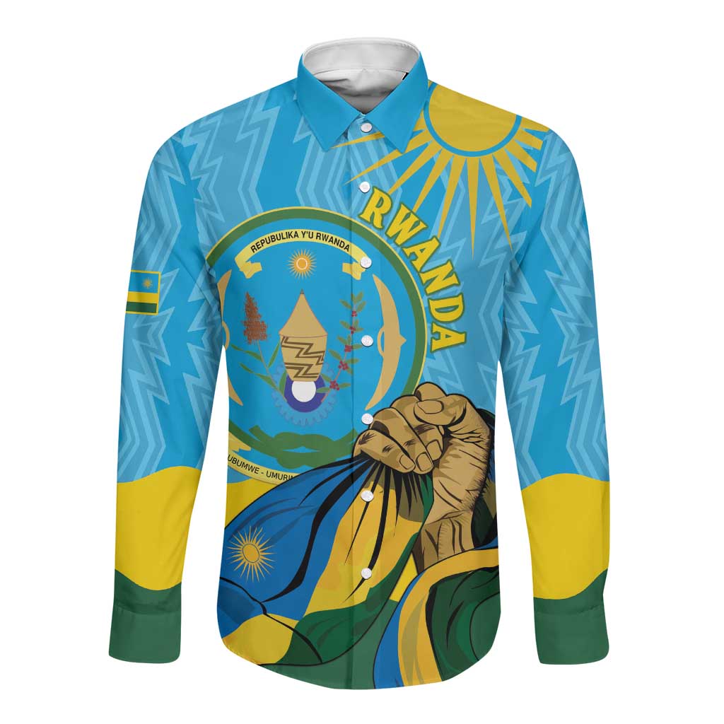 Personalized Happy Rwanda Independence Day Long Sleeve Button Shirt Coat Of Arms With Map