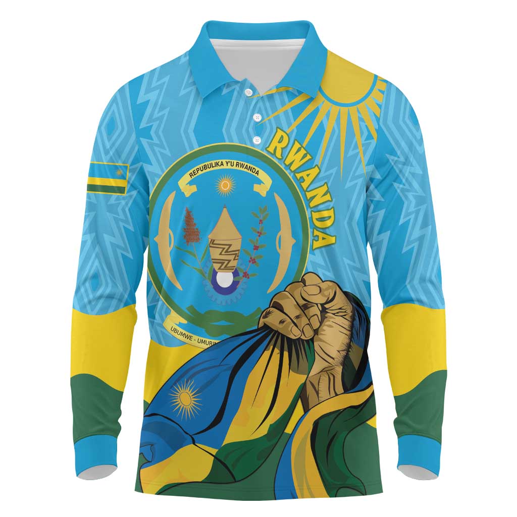 Personalized Happy Rwanda Independence Day Long Sleeve Polo Shirt Coat Of Arms With Map