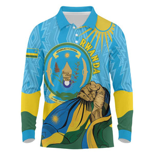 Personalized Happy Rwanda Independence Day Long Sleeve Polo Shirt Coat Of Arms With Map