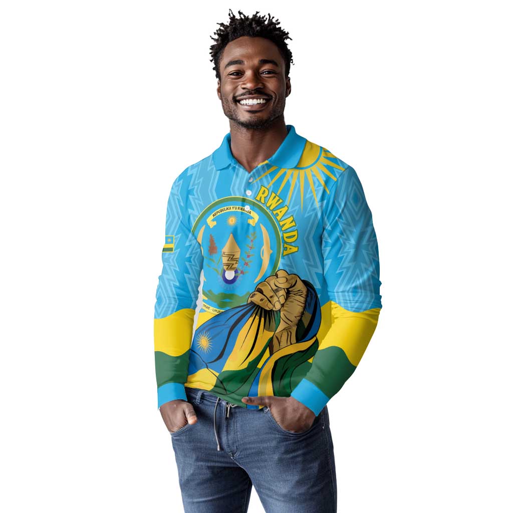Personalized Happy Rwanda Independence Day Long Sleeve Polo Shirt Coat Of Arms With Map