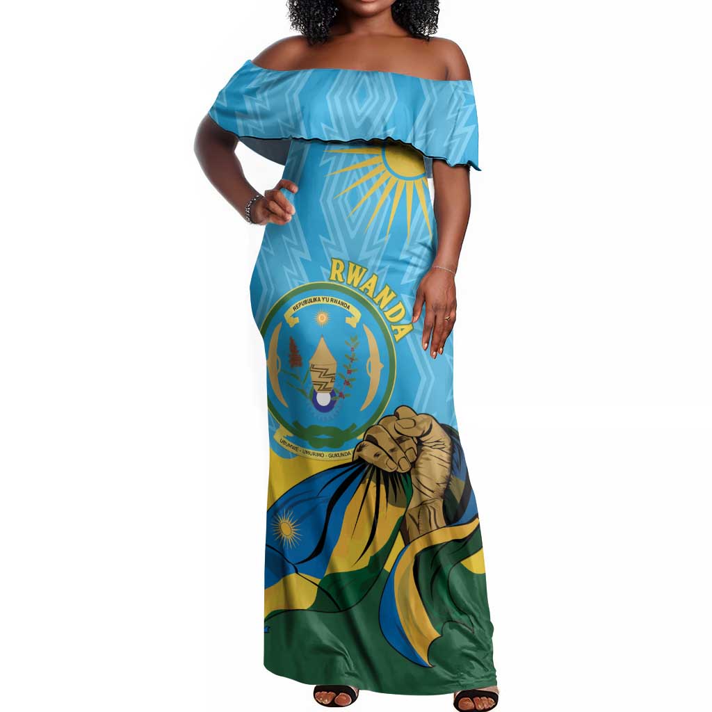 Personalized Happy Rwanda Independence Day Off Shoulder Maxi Dress Coat Of Arms With Map